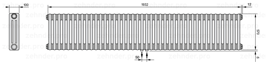 Схема (чертеж) Радиатор Zehnder Charleston 3057/42 №5410 Белый глянцевый RAL 9016
